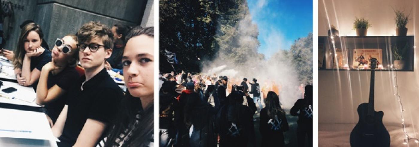 Collage van studenten in aula, 'spel zonder grenzen' en gitaar 