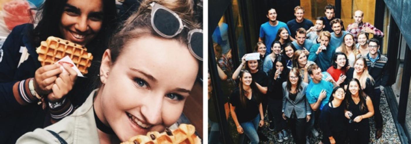 Collage van studenten met wafels en in groep met vrienden