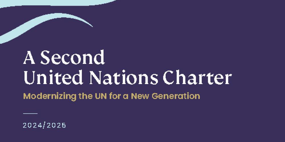 Purple and turquoise background cover with book title A Second United Nations Charter Modernizing the UN for a New Generation, publishe by the Global Governance Forum